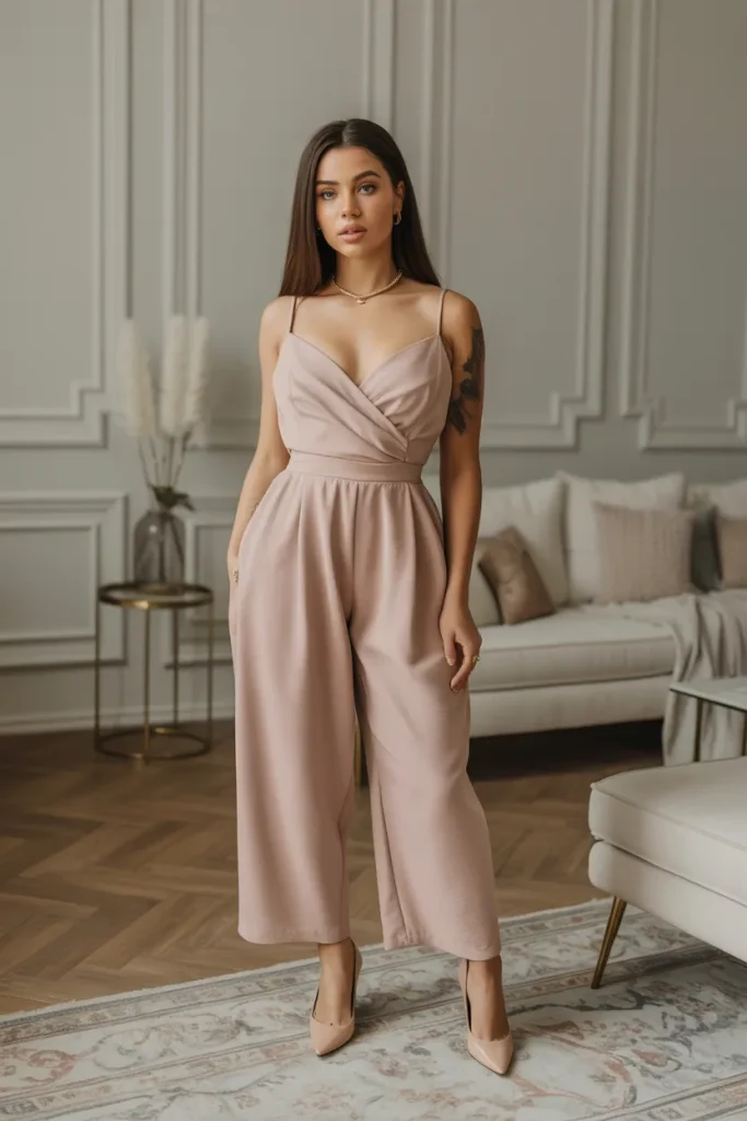 Pastel Jumpsuit with Nude Pumps