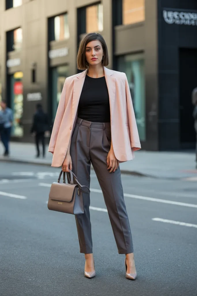 21 Rich Women Classy Dress Ideas for Elegant Luxury Style Guide 12 Pink Blazer with Skinny Top and High Waist Pants