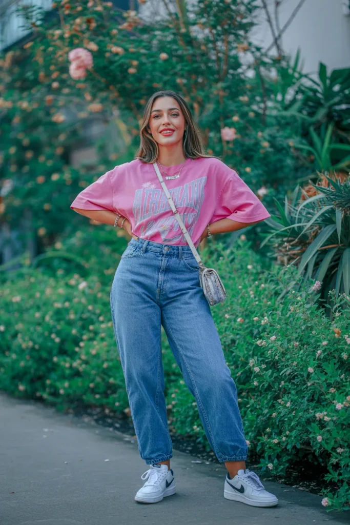 Pink Oversized Graphic T Shirt with High Waist Denim Jeans and Nike Shoes