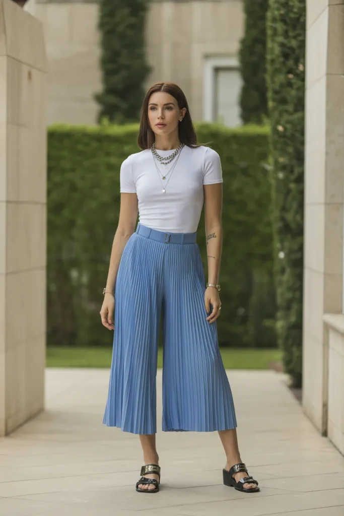 Pleated Culottes and Fitted T Shirt