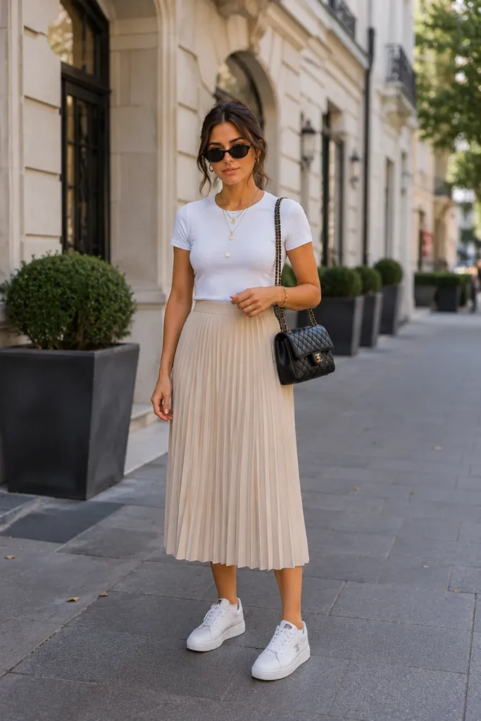 Pleated Midi Skirt and Fitted T shirt