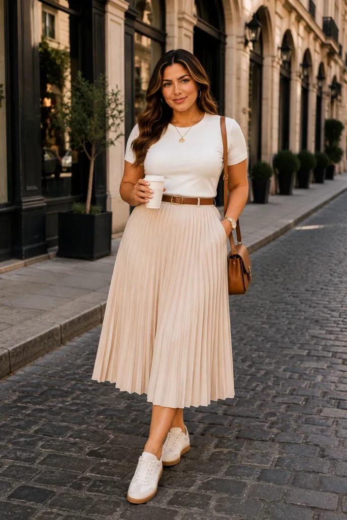 Pleated Midi Skirt with Fitted T Shirt
