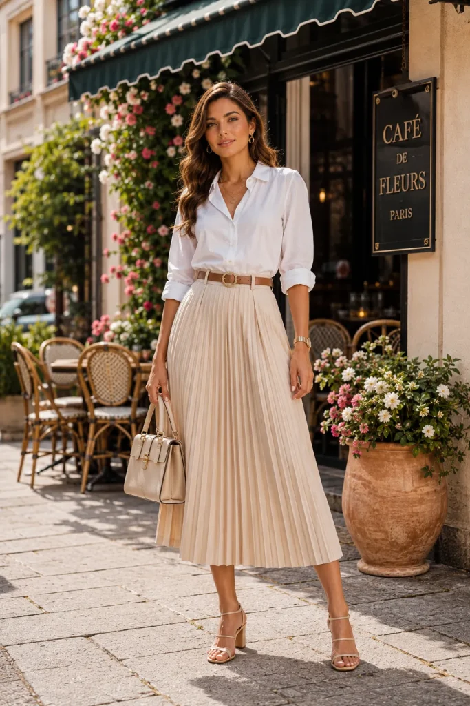 Pleated Skirt and Cotton Blouse