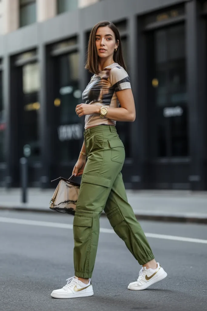 Premium Cargo Pants with Graphic T Shirt and Nike Shoes