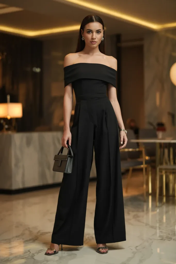 21 Fresita Outfits for Women: Cute Pink Aesthetic Styles Guides 17 Premium Elegant Off Shoulder Black Jumpsuit with Small Handbag