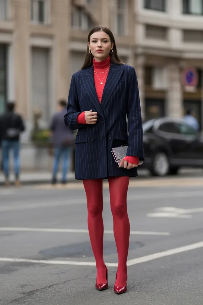 21 Rich Women Classy Dress Ideas for Elegant Luxury Style Guide 19 Premium Long Blazer with Turtle Neck and Red Tights