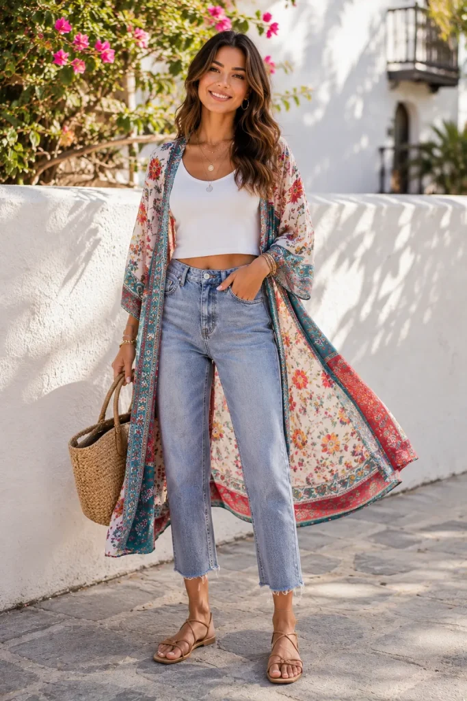 Printed Kimono and Cropped Jeans