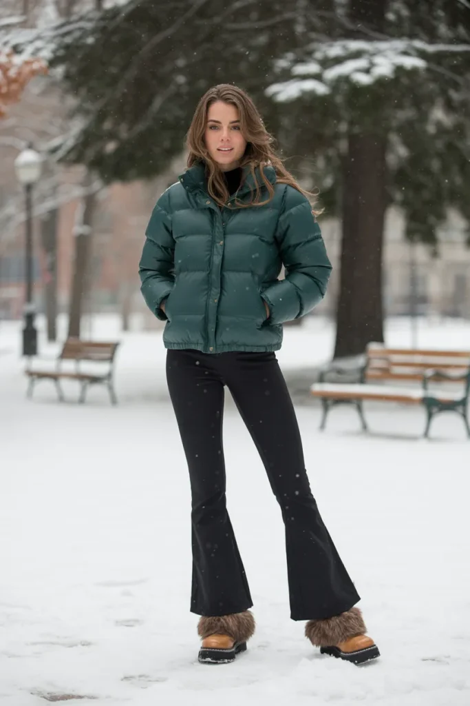 Puffer Jacket with Flare Legging and Winter Boots