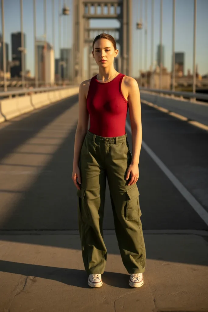 Red Bodysuit with Cargo Pants
