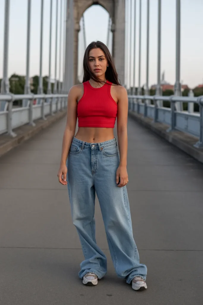 Red Crop Top with Baggy Jeans
