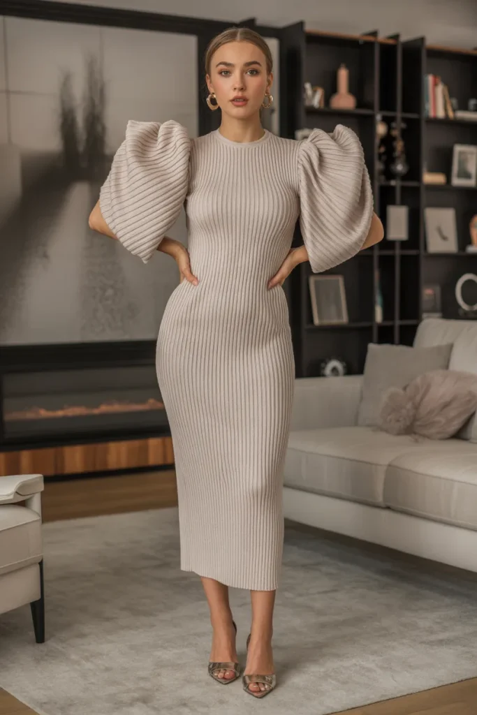 Ribbed Dress with Statement Sleeves
