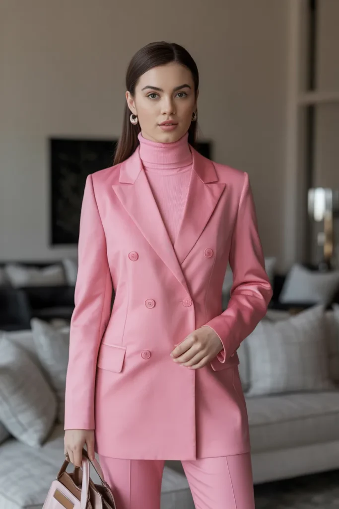 21 Rich Women Classy Dress Ideas for Elegant Luxury Style Guide 2 Rose Pink Breast Button Blazer with Turtle Neck