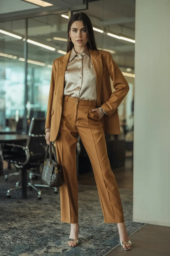 21 Rich Women Classy Dress Ideas for Elegant Luxury Style Guide 10 Satin Blouse with High Waist Pants and Blazer