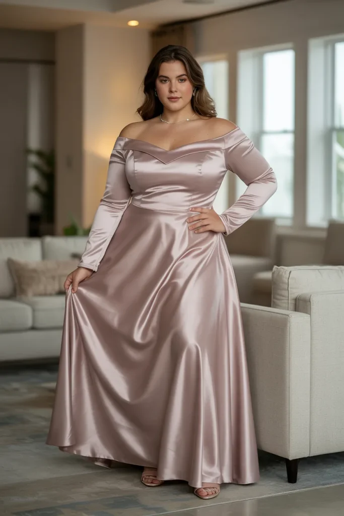 Satin Off the Shoulder Long Sleeve Dress