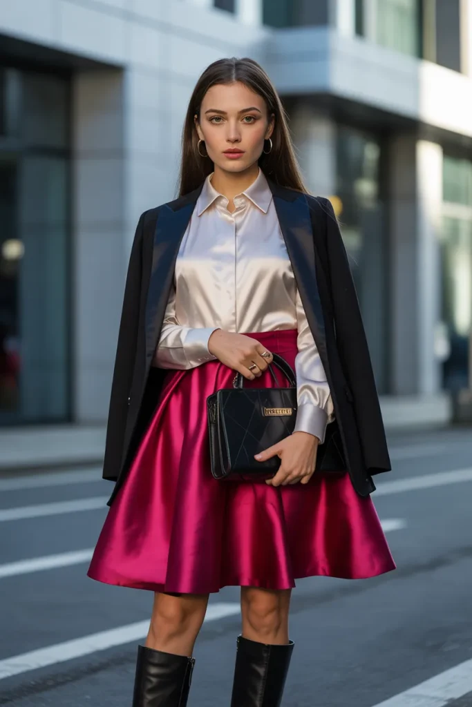 21 Rich Women Classy Dress Ideas for Elegant Luxury Style Guide 8 Satin Shirt with Red Skirt Black Blazer and Knee High Boots