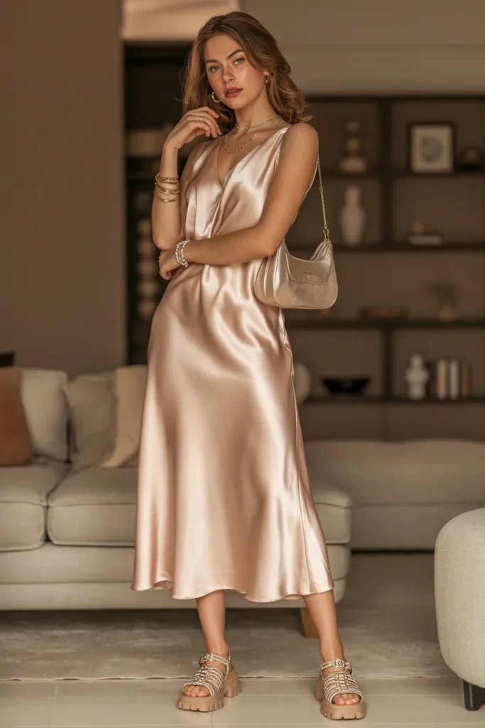Silk Midi Dress with Chunky Sandals