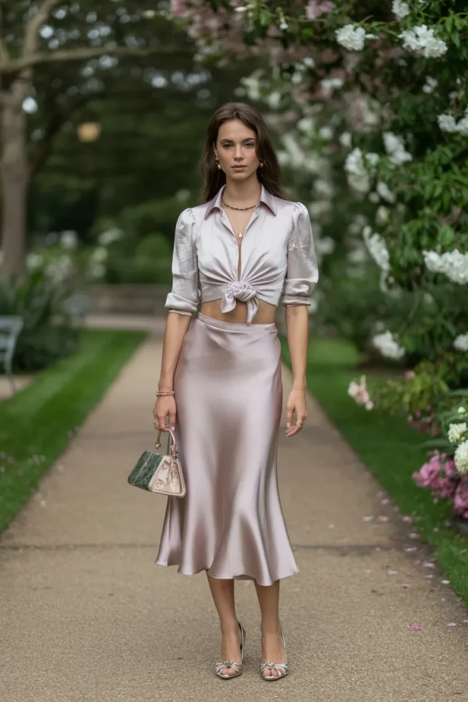 Silk Midi Skirt with Tucked Blouse