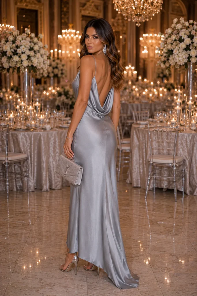 Silver Gray Slip Dress with Cowl Back