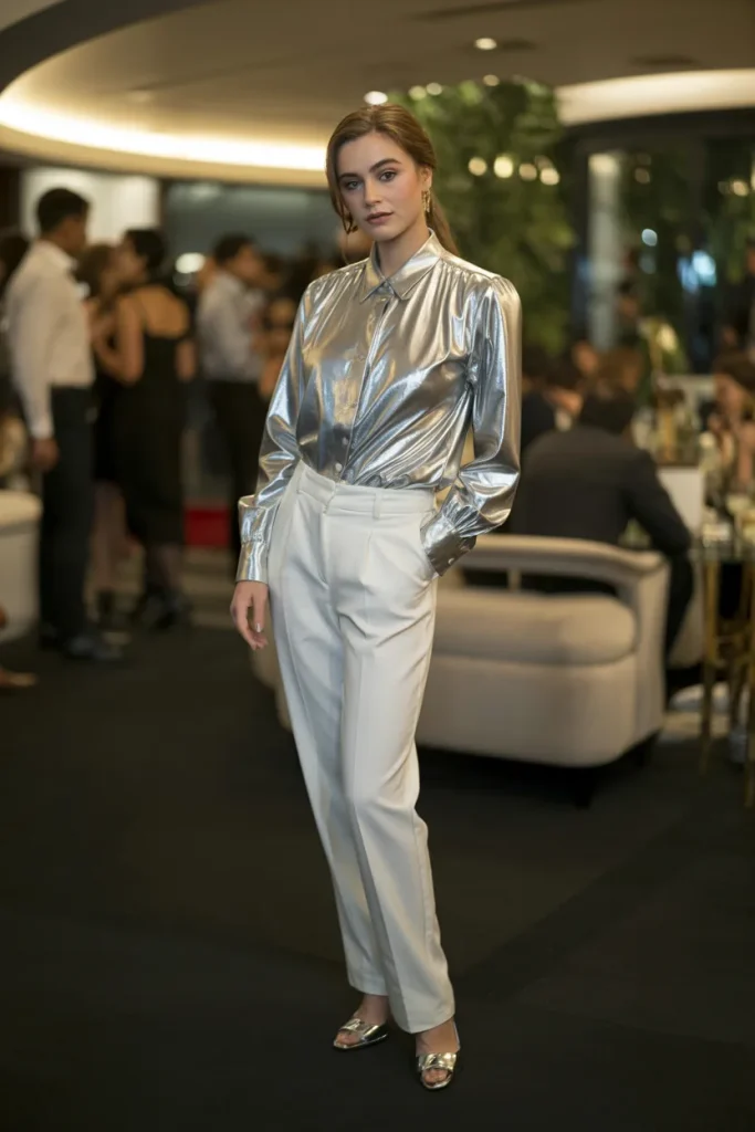 Silver Metallic Blouse with Formal White Pants