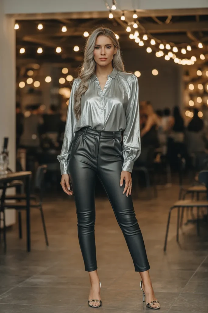 Silver Party Blouse with Faux Leather Pants
