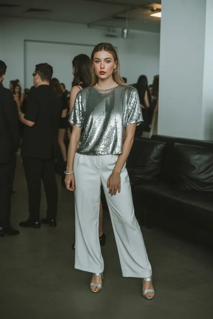 Silver Sequin Top with White Dress Pants