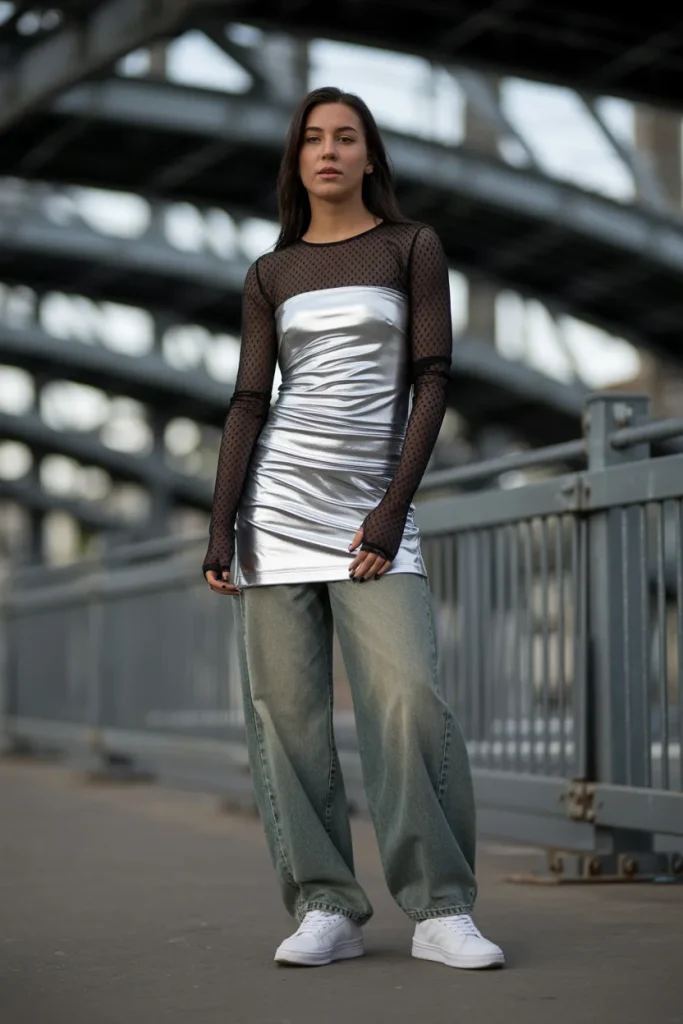 Silver Tank Tube Over Black Mesh Top with Baggy Jeans