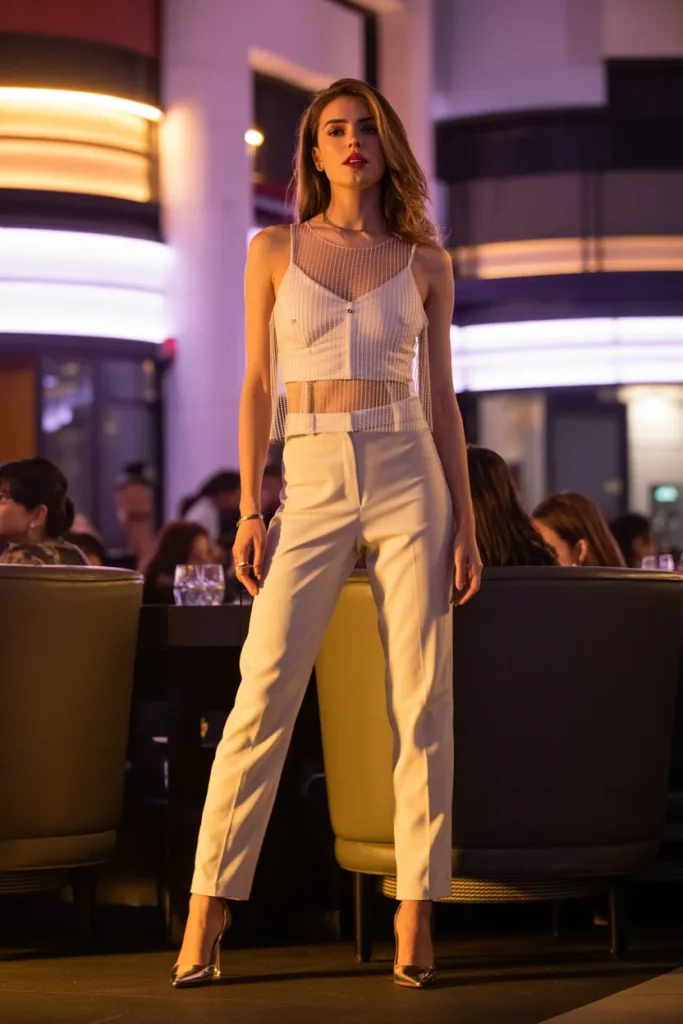21 Billie Eilish Concert Outfits for Women: Street Style Looks 17 Skinny Top with Mesh and High Waist Pants for Concert