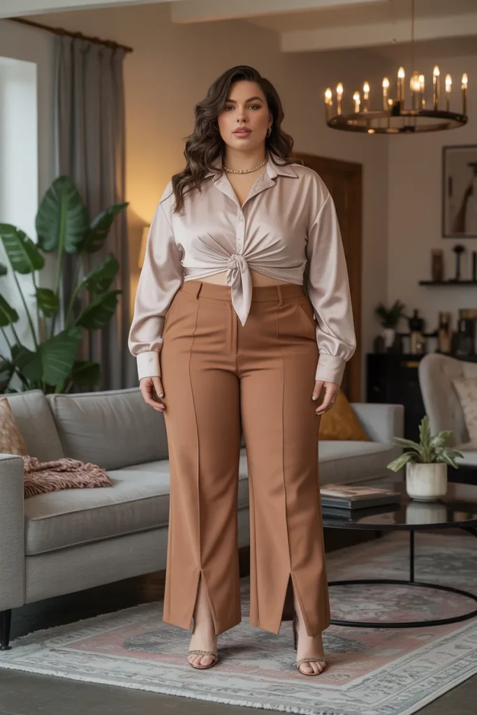 Split Hem Pants with Tucked Blouse