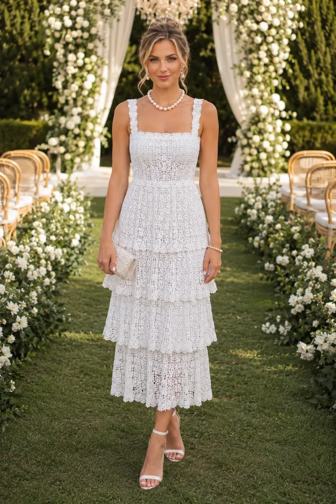 Square Neck Midi White Layered Crochet Dress with Ankle Heels