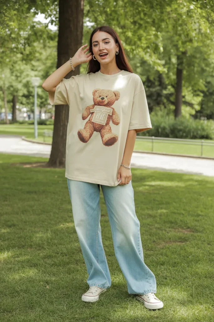 Teddy Bear Printed Oversized T Shirt with Discharge Jeans