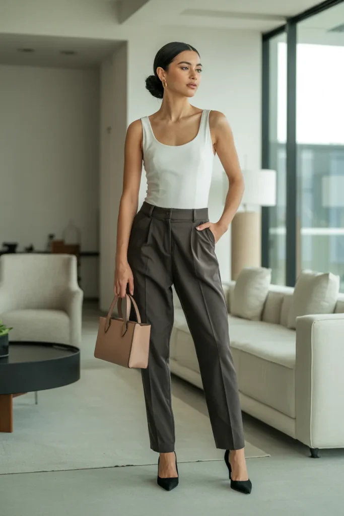 21 Fresita Outfits for Women: Cute Pink Aesthetic Styles Guides 18 White Bodysuit with Dress Pants to Look Elegant
