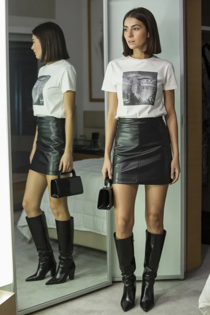 21 Billie Eilish Concert Outfits for Women: Street Style Looks 6 White Graphic T Shirt with Leather Skirt and Knee High Boots