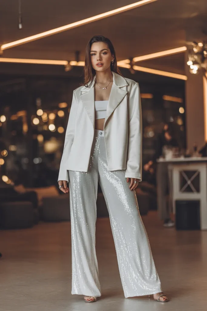 White Jacket with White Leg Sequin Pants