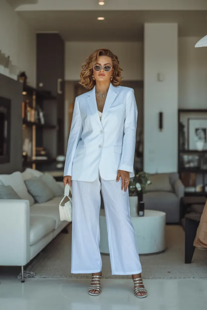 White Linen Suit with Strappy Sandals