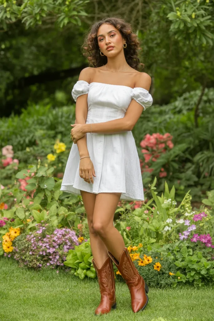 White Off Shoulder Mini Dress with Cowboy Boots