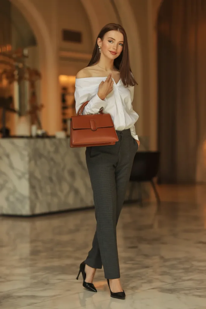 21 Fresita Outfits for Women: Cute Pink Aesthetic Styles Guides 21 White Off-Shoulder with Dress Pants and Premium Handbag