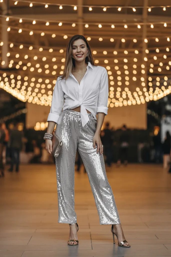 White Shirt and Sequin Pants with Heel Sandals for Holiday Party