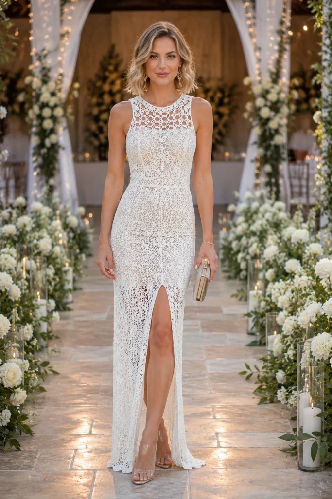 White Sleeveless Long Crochet Slit Dress for Crochet Wedding Dresses