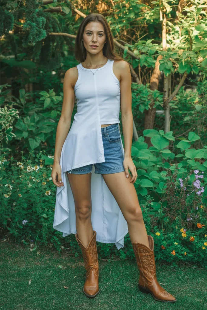 White Step Top with Denim Shorts and Cowboy Boots