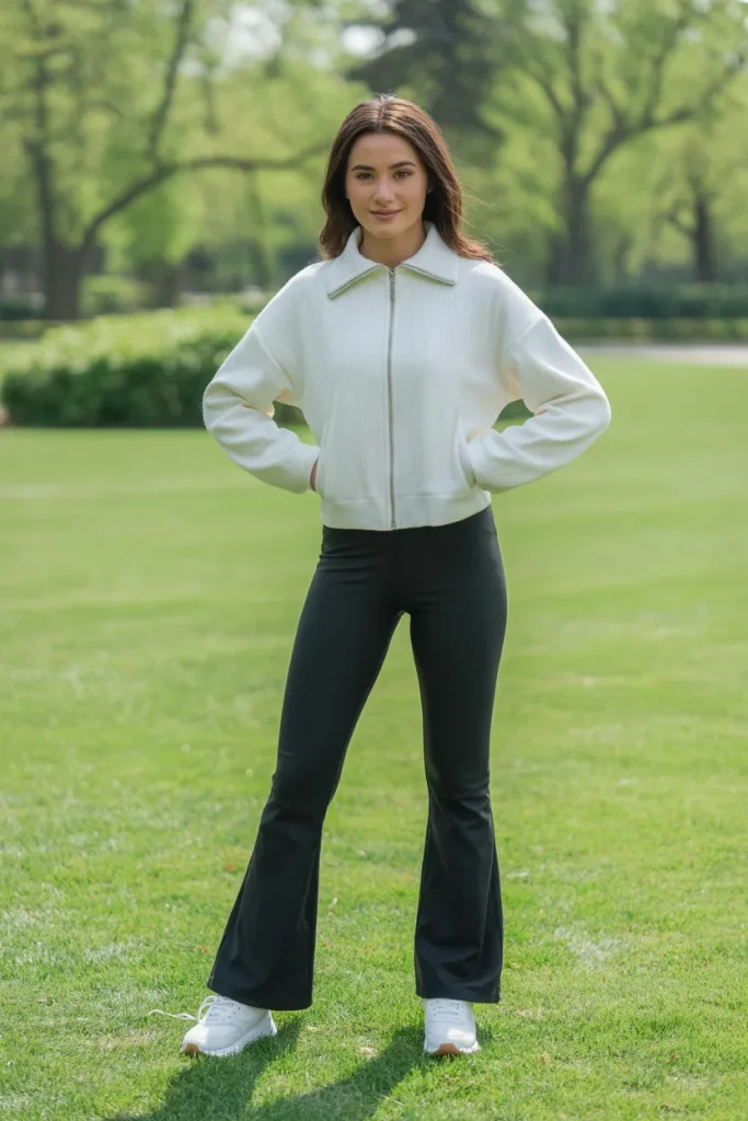 White Zip Sweater with Flare Legging and Sports Shoes