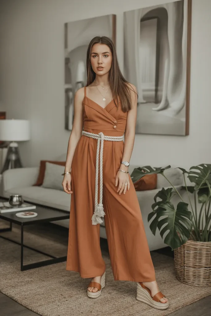 Wide Leg Jumpsuit with Rope Belt