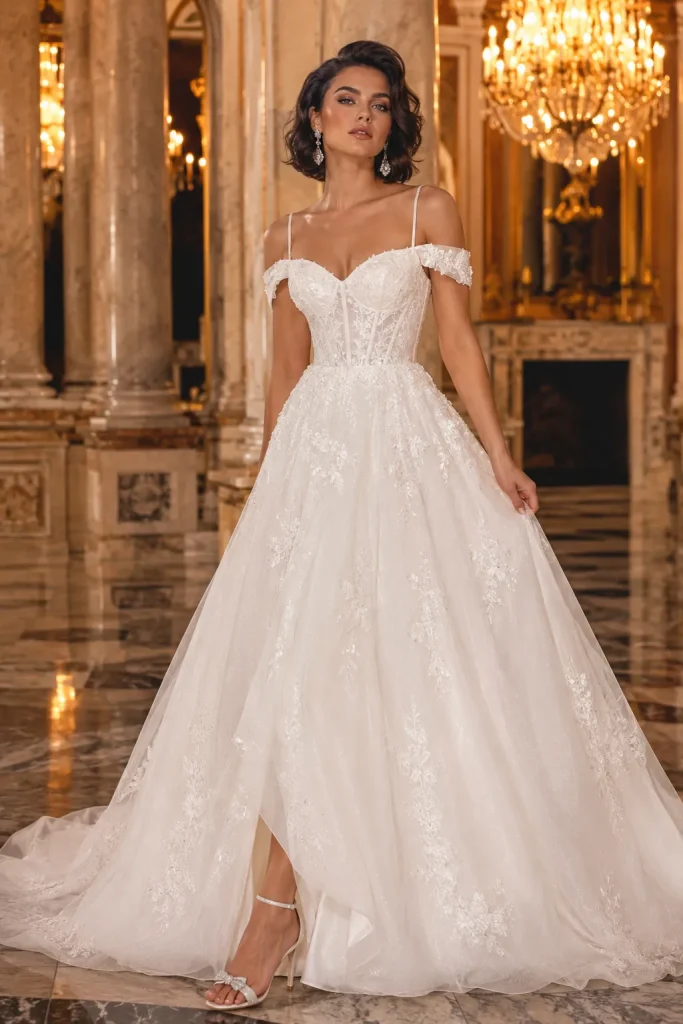 A Line Princess Straps Off the Shoulder Long Wedding Dress