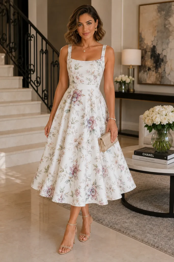 Amazing Flare White Printed Midi Dress for Wedding