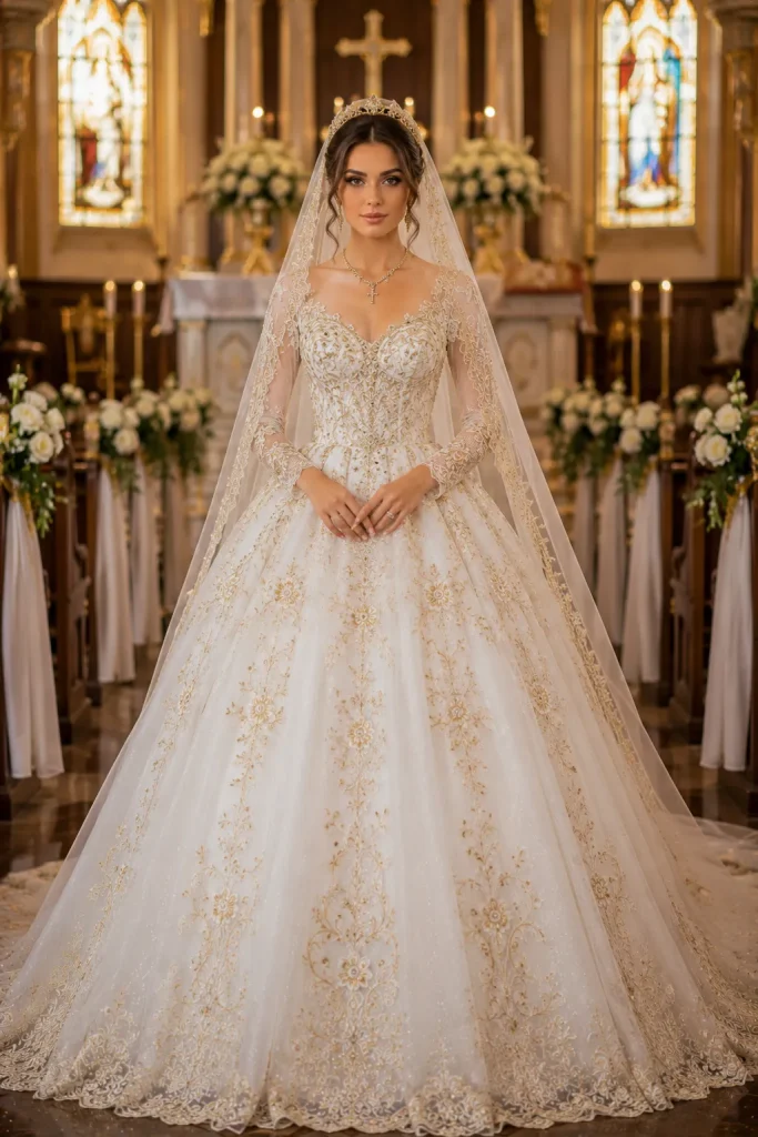 Christian White Net Golden Wedding Dress
