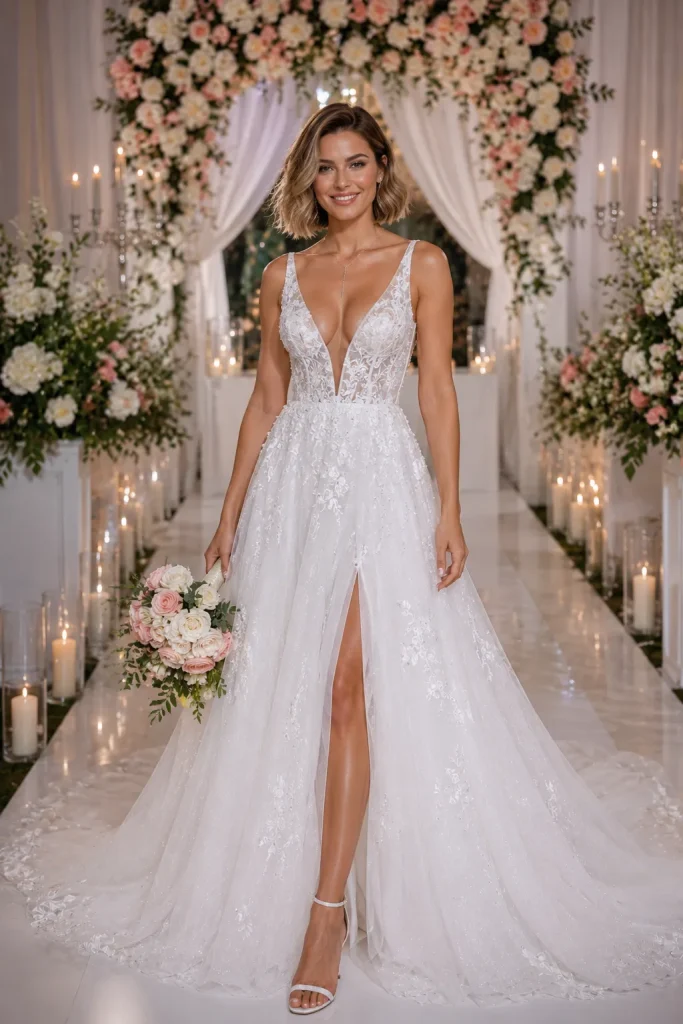 Cute Deep V Neck Long White Wedding Gown