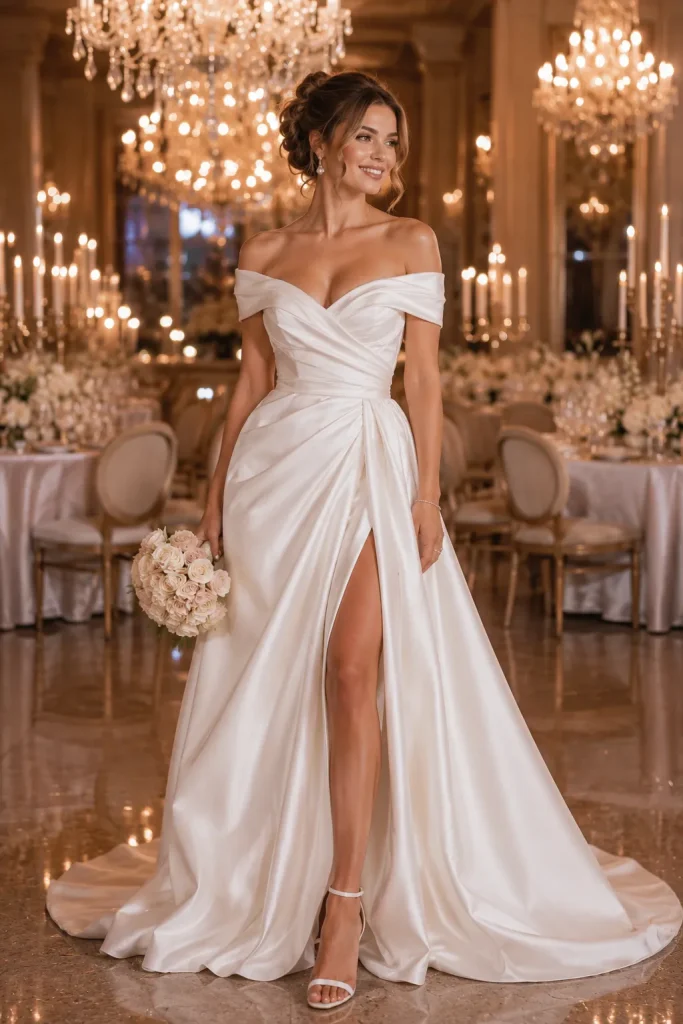Cute Silk Off Shoulder Wedding Dress