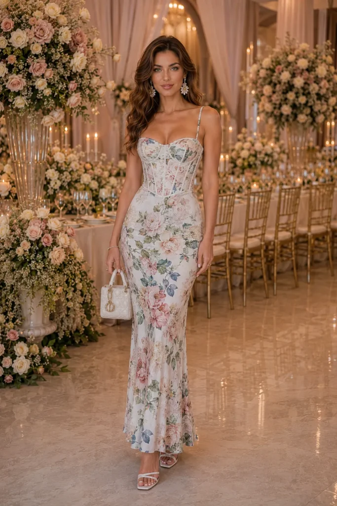 21 Elegant Wedding Corset Dresses for Women 7 Flower Printed Thin Strap Long Wedding Corset Dress for Women