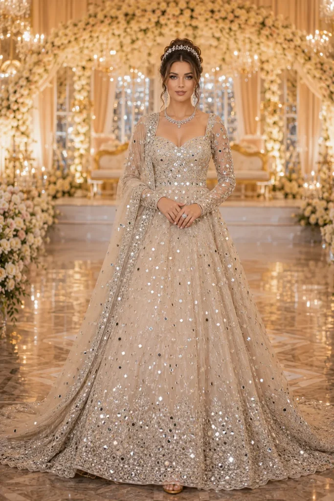 Net and Mirror Work Embroidery Wedding Gown