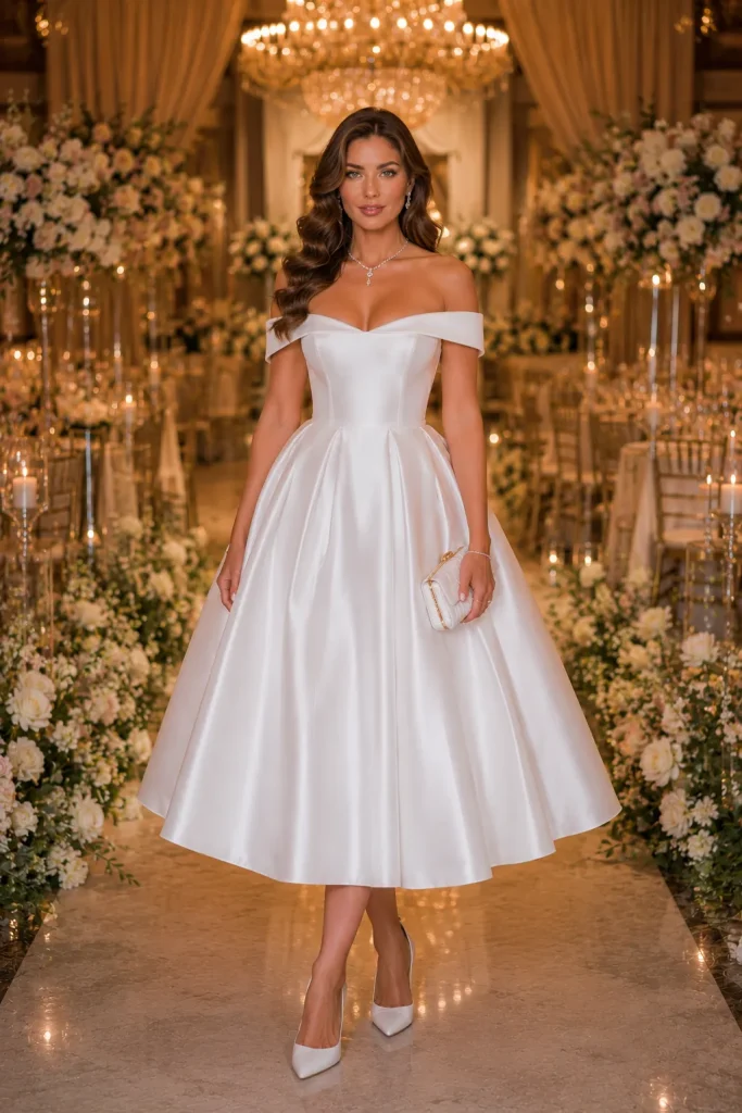 21 Elegant Wedding Corset Dresses for Women 10 Off Shoulder Midi White Ball Gown Dress with Pumps