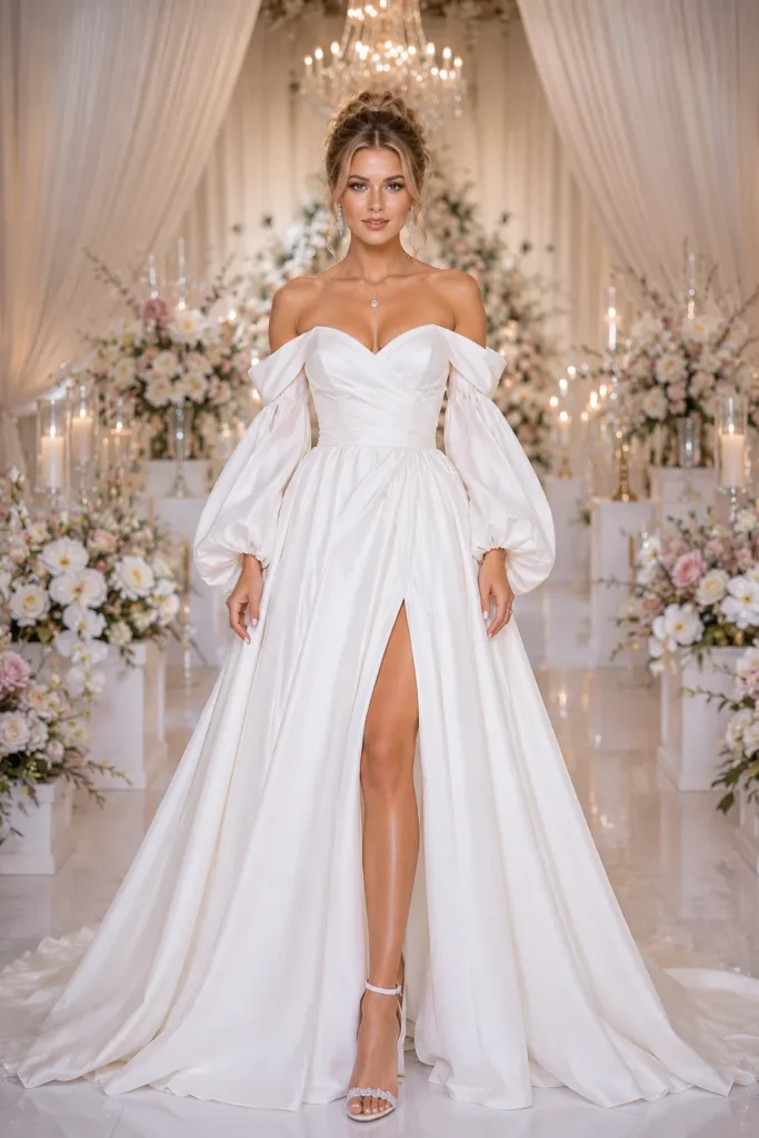 Off Shoulder Trendy Sleeve Design Wedding Gown 2